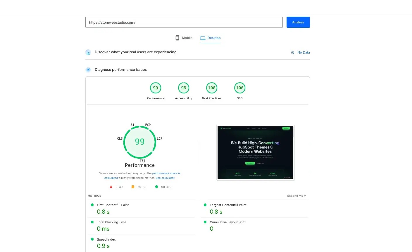 PageSpeed Insights results for atomwebstudio.com — Desktop score 99